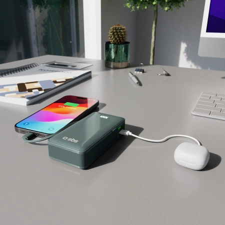 Powerbank SBS 10000 mAh 20W mit integriertem USB-C-Kabel und Digitalanzeige - grau