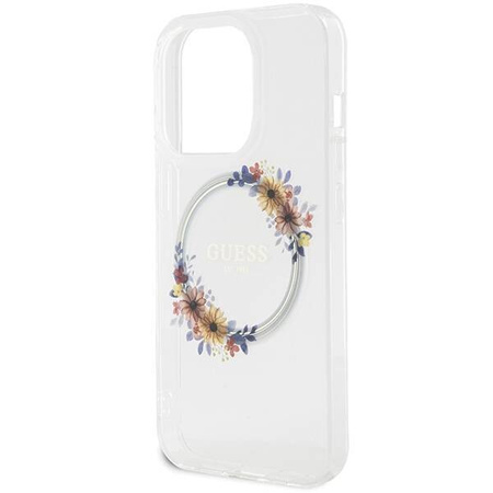 Oryginalne Etui GUESS Hardcase GUHMP15XHFWFCT do iPhone 15 Pro Max (Kompatybilny z Magsafe / Flowers Wreath / transparent)