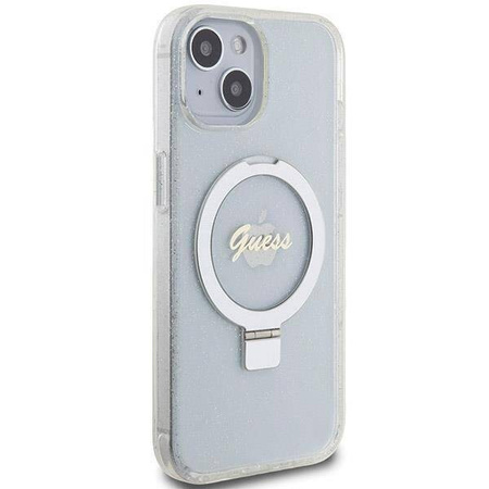 Original Handyhülle IPHONE 13 / 14 / 15 Guess Hardcase Ring Stand Script Glitter MagSafe (GUHMP15SHRSGSD) transparent
