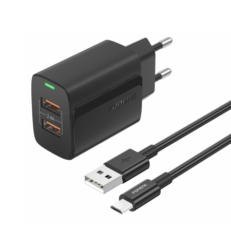 FONENG wall charger EU63 2.4A 12W 2xUSB + cable Micro Black