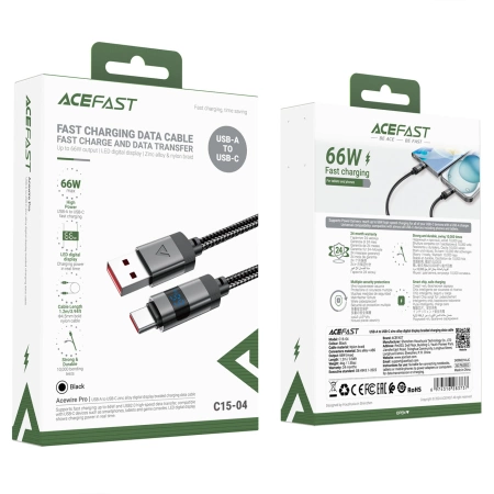 Acefast C15-04 USB-A - USB-C Kabel mit Display 480Mb/s 66W 1,2m - Schwarz
