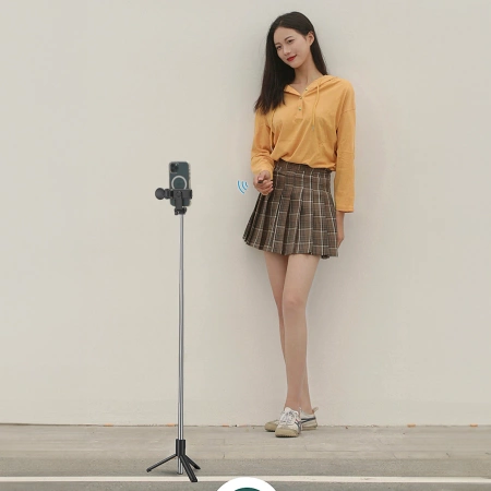 Selfie-Stick WH1YXS Teleskopstativ 1 m mit runder Lampe und Telefonhalter – Schwarz