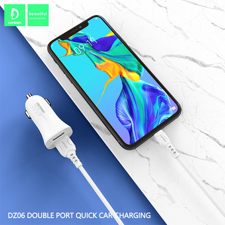 ŁADOWARKA SAMOCHODOWA 3A  + KABEL TYP-C BIAŁA DENMEN 3100mA DUAL FAST CHARGING 2XUSB DZ06T 15W