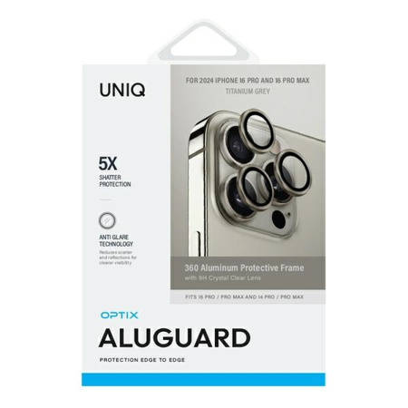 UNIQ Optix Aluminium Camera Lens Protector iPhone 16 Pro 6.3" / 16 Pro Max 6.9" titanium grey szkło na obiektyw aparatu z aplikatorem