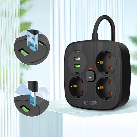 TECH-PROTECT PCS3X4 POWER STRIP 2 USB & 2 TYPE-C & 3 SOCKET 200CM BLACK