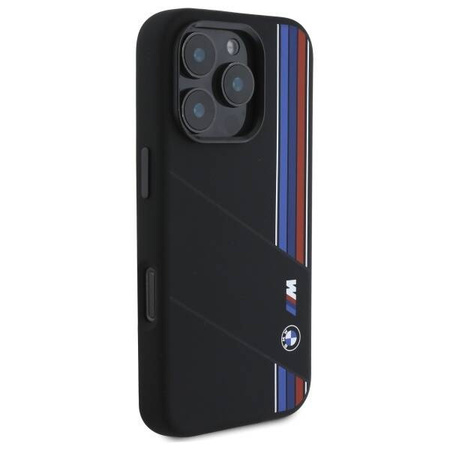 Original Case IPHONE 16 PRO BMW Hardcase Silicone Cut Tricolor Lines MagSafe (BMHMP16L23SCUK) black