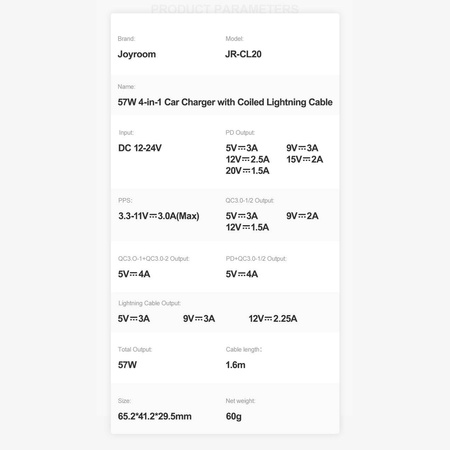 Joyroom 4-in-1-Auto-Schnellladegerät PD, QC3.0, AFC, FCP mit 1,6 m langem 57-W- Lightning -Kabel, schwarz (JR-CL20)