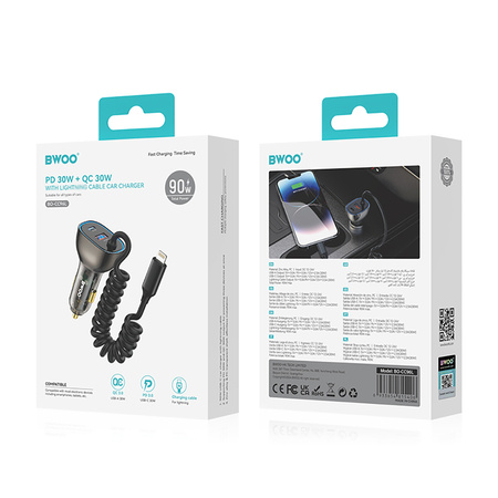 BWOO ładowarka samochodowa PD CC96L USB-C 30W + kabel USB-C - Lightning szara