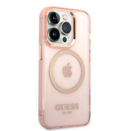 Guess Gold Outline Translucent MagSafe - Etui iPhone 14 Pro (różowy)