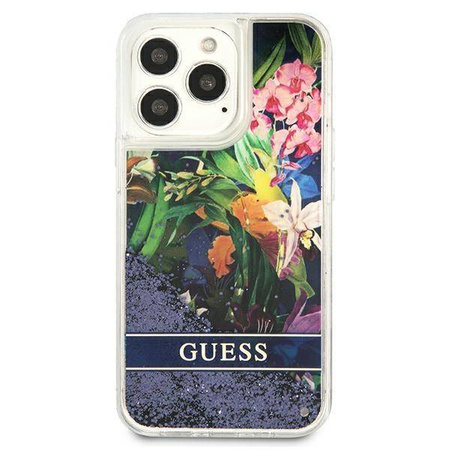 Guess GUHCP13LLFLSB iPhone 13 Pro / 13 6.1 &quot;blau / blaues Hardcase Flower Liquid Glitter