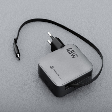 Ładowarka sieciowa do telefonu Forcell F-Energy GaN USB C + zwijany kabel USB C PD QC4.0 3A 45W VT-R5 szara