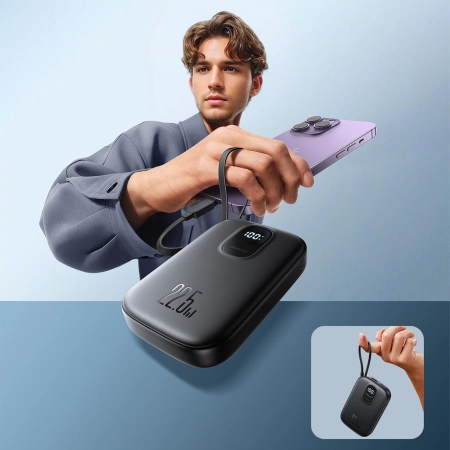 Powerbank Joyroom JR-PBF18 22.5W 10000mAh z wbudowanym kablem Lightning + kabel USB-C 0.25 cm  - czarny