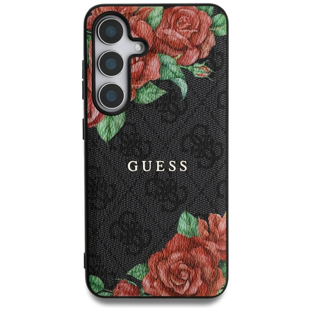 Original Handyhülle SAMSUNG GALAXY S25 Guess Leather 4G Flowers Print Metal Classic Logo MagSafe schwarz