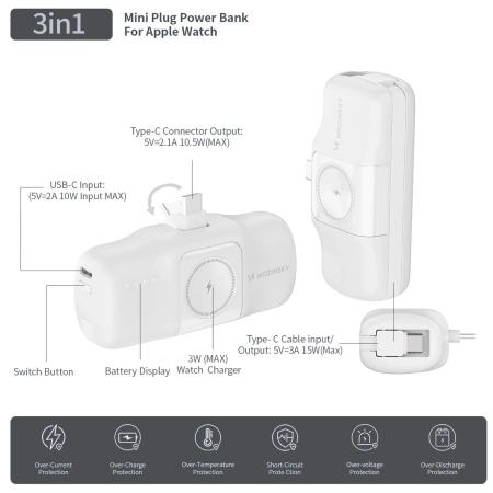 Mini powerbank Wozinsky WF16-YCS 5000mAh 15W USB-C z wbudowanym kablem USB-C i ładowarką do Apple Watch - biały