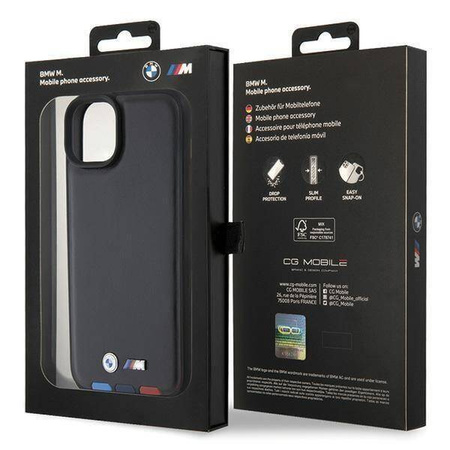 BMW BMHCP15M22PTDK iPhone 15 Plus 6,7" schwarz/schwarzer Lederstempel Tricolor