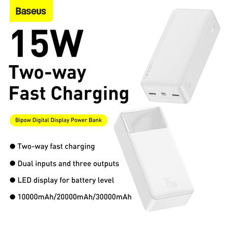 Baseus Bipow powerbank z wyświetlaczem 30000mAh 15W biały (Overseas Edition) + kabel USB-A - Micro USB 0.25m biały (PPBD050202)