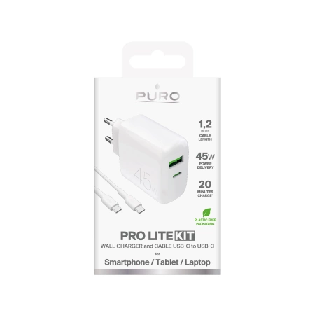 Ładowarka Puro Daily Prolite 45W USB-C USB-A Power Delivery z kablem USB-C - biała