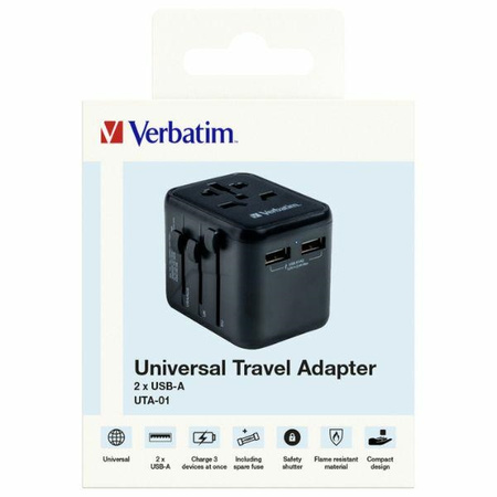 Verbatim Adapter podróżny EU/UK/US 2xUSB-A UTA-01 czarny/black 49543
