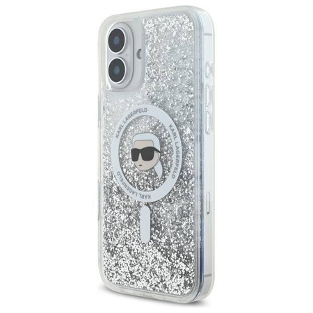 Original Handyhülle IPHONE 16 Karl Lagerfeld Hardcase Liquid Glitter Karl Head MagSafe (KLHMP16SLGKISGH) transparent