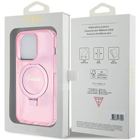 Guess Ring Stand Script Glitter MagSafe case for iPhone 15 Pro - pink