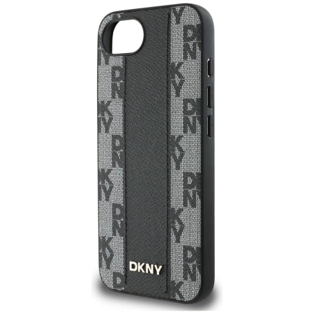 DKNY Leder Kariertes Monomuster MagSafe iPhone 16e Hülle - Schwarz