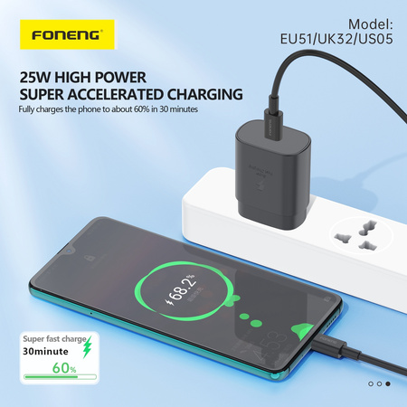Foneng Ładowarka sieciowa EU51 GaN - Typ C - PD 25W z kablem Typ C na Typ C czarna