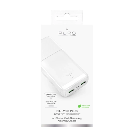 Powerbank Puro DAILY 20 PLUS 20000mAh 2x USB-A / 1x USB-C 22,5W PD AFC - weiß