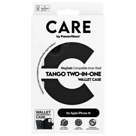 CARE by PanzerGlass Feature Tango 2in1 Wallet MagSafe Hülle für iPhone 16 – Schwarz