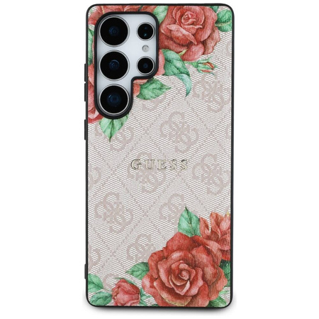 Oryginalne Etui SAMSUNG GALAXY S25 ULTRA Guess Leather 4G Flowers Print Metal Classic Logo MagSafe różowe