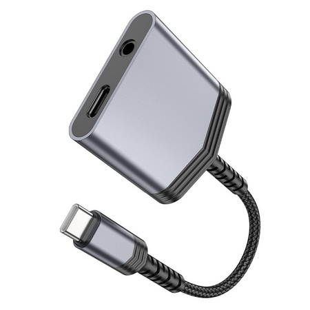 HOCO adapter AUX 2w1 Typ C do Typ C / Jack 3,5 mm 27W LS39 szary