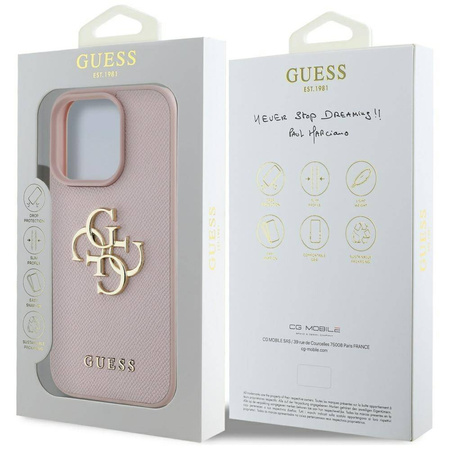 Schutzhülle IPHONE 16 PRO Guess Grained Big 4G Logo Small Classic Logo rosa
