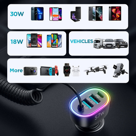 Joyroom 4-in-1-Auto-Schnellladegerät PD, QC3.0, AFC, FCP mit 1,6 m langem 57-W- Lightning -Kabel, schwarz (JR-CL20)