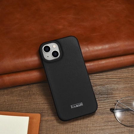 iCarer CE Premium Leather Folio Case skórzane etui iPhone 14 Plus z klapką magnetyczne MagSafe czarny (WMI14220715-BK)
