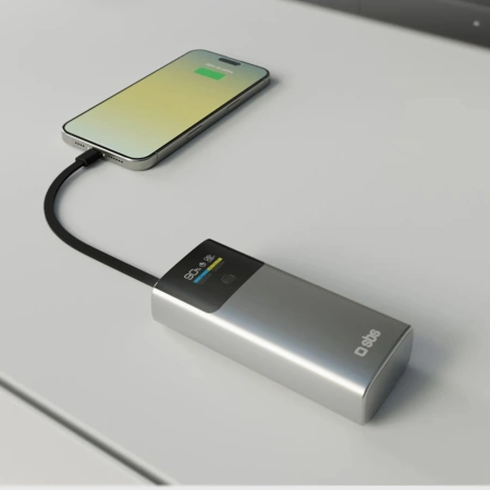 SBS 10000 mAh PD 20 W Powerbank mit LCD-Display und integriertem USB-C-Kabel - Grau