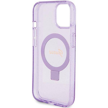 Guess Ring Stand Script Glitter MagSafe Hülle für iPhone 15 Plus / 14 Plus – Lila