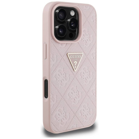 Schutzhülle IPHONE 16 PRO MAX Guess Hot Stamp 4G Pattern Triangle Metal Logo rosa