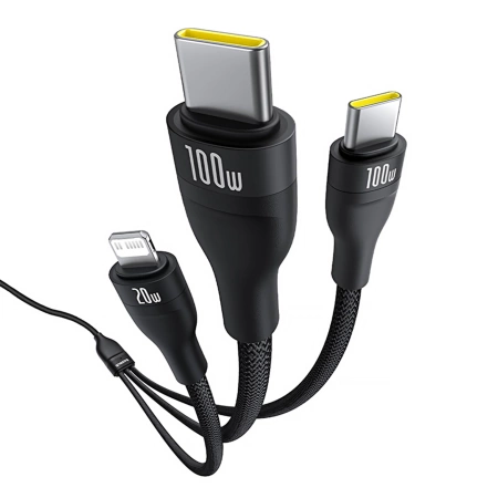 Kabel 3w1 Baseus Flash Series 3 100W USB-C - USB-C+USB-C+Lightning 1,5m + 3 x 0,25 m - czarny