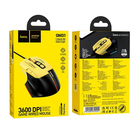 HOCO mysz komputerowa gamingowa przewodowa USB A 3600DPI GM31 czarno żółta