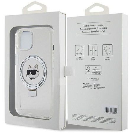 Etui Karl Lagerfeld Ring Stand Choupette Head MagSafe do iPhone 15 Plus - białe