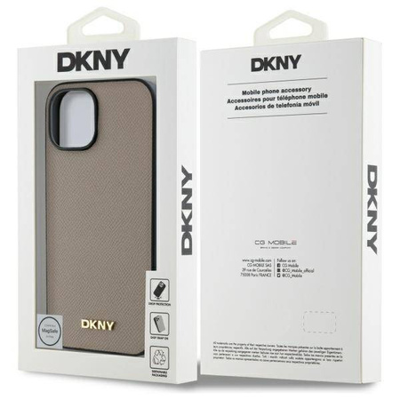 Etui DKNY Grained Metal Logo MagSafe na iPhone 15 - beżowe