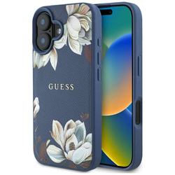 Schutzhülle IPHONE 16 Guess Grained Printed Flower Pattern MagSafe blau