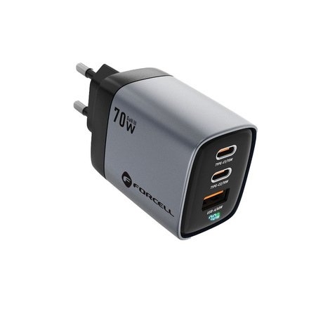 FORCELL F-ENERGY GaN III VT-37 ładowarka sieciowa z wyświetlaczem LCD 2 x Typ C + USB A PD QC4.0 SAM SFC2.0 3,45A 70W szara