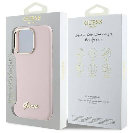 Original Handyhülle IPHONE 16 PRO Guess Hardcase Silicone Script Metal Logo & Frame (GUHCP16LSMBSLP) rosa