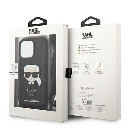 Original Handyhülle IPHONE 13 PRO Karl Lagerfeld Hardcase Leather Monogram Patch And Cord Iconik (KLHCP13LCMNIPK) schwarz