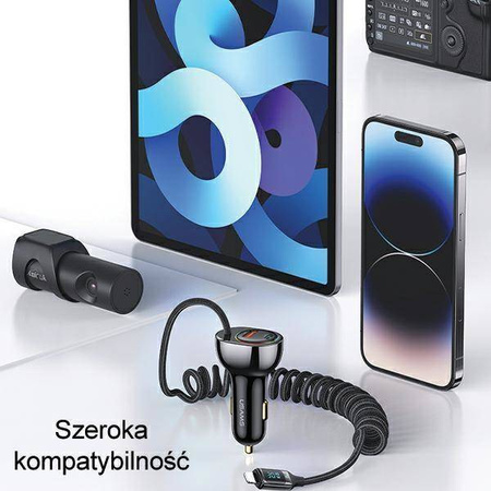 Ładowarka Samochodowa USAMS C37 1xUSB+1xUSB-C 60W + kabel Ligtning 30W PD+QC Fast Charge czarny/black CC193CC01 (US-CC193)