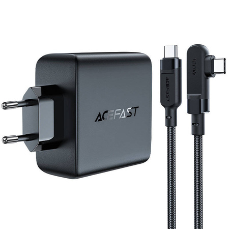 Acefast Schnellladegerät GaN 3xUSB-C/1xUSB-A 100W schwarz + abgewinkeltes Kabel USB-C - USB-C 100W 2m schwarz