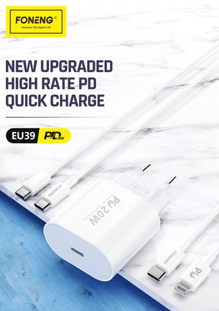 Foneng Ładowarka sieciowa EU39 - Typ C - PD 20W 3A z kablem Typ C na Lightning biała
