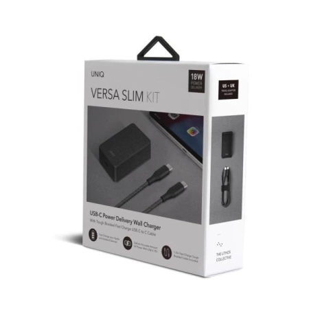 UNIQ Ład. siec. Versa Slim USB-C PD 18W + kabel USB-C na USB-C czarny/charcoal black (LITHOS Collective)