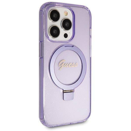 Oryginalne Etui IPHONE 13 PRO MAX Guess Hardcase Ring Stand Script Glitter MagSafe (GUHMP13XHRSGSU) fioletowe