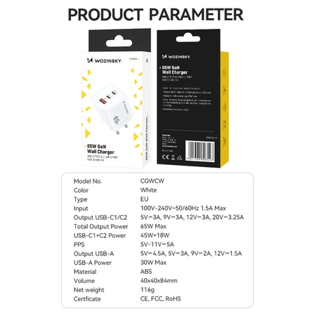 Wozinsky CGWCW 65W USB-A / 2 x USB-C GaN wall charger - white